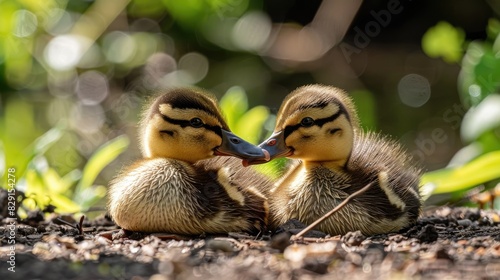 Two mallard ducklings basking in the sun photo