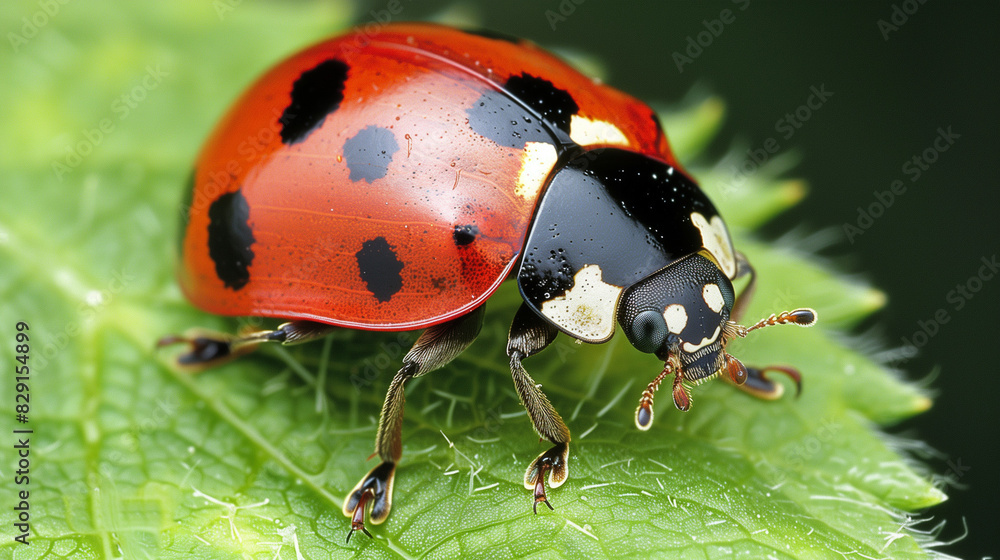 Obraz premium A close-up of a ladybug crawling on a green leaf, its bright red shell with black spots contrasting against the lush foliage. 