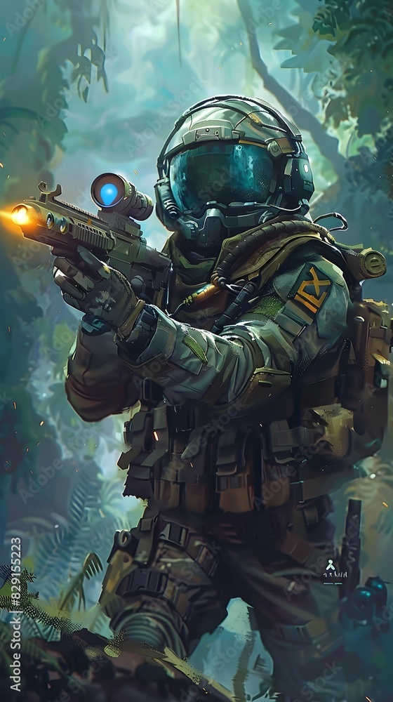 Elite Special Forces Soldier Conducting Covert Jungle Ops with Advanced Tactical Gear and Assault Weapon Elite Special Forces Soldier Conducting Covert Jungle Ops with Advanced Tactical Gear and Assault Weapon