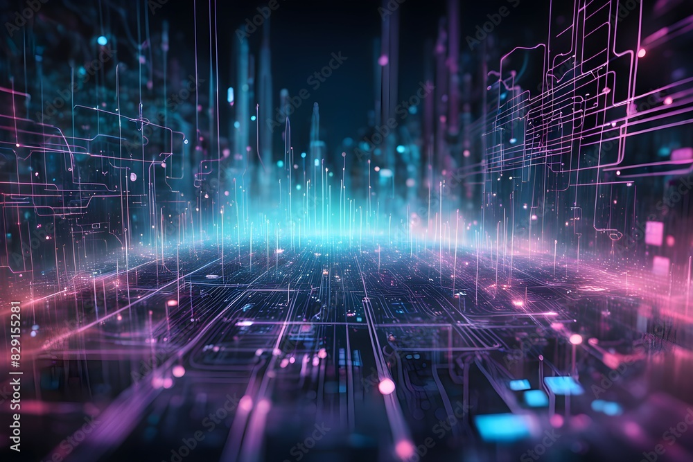 A computer generated image of a city with a blue sky and pink A computer generated image of a city with a blue sky and pink