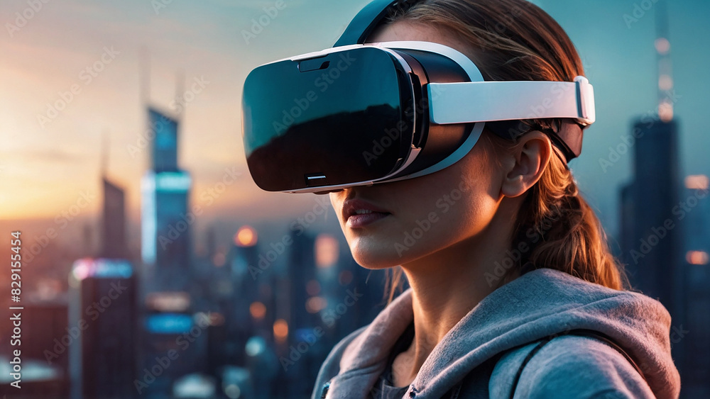 A woman wearing a virtual reality headset is looking at a cityscape A woman wearing a virtual reality headset is looking at a cityscape