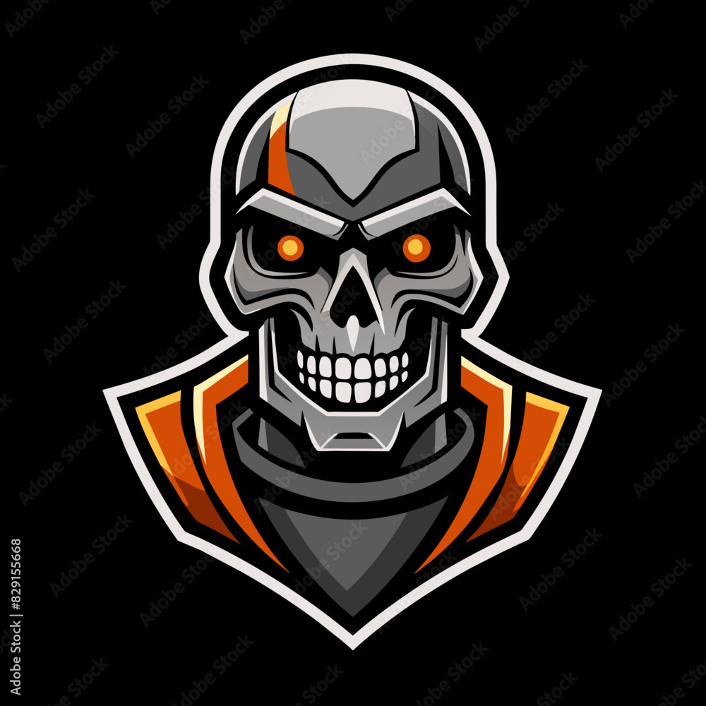 Cyberpunk skull logo with intense red eyes and a sharp, geometric design, ideal for esports teams, gaming communities, and branding. High-quality vector illustration. Cyborg head 