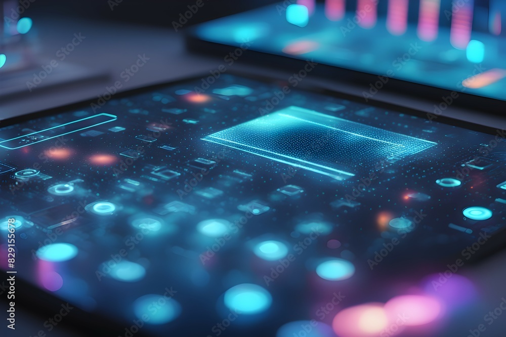 Obraz premium A tablet with a blue screen showing a lot of different icons and buttons