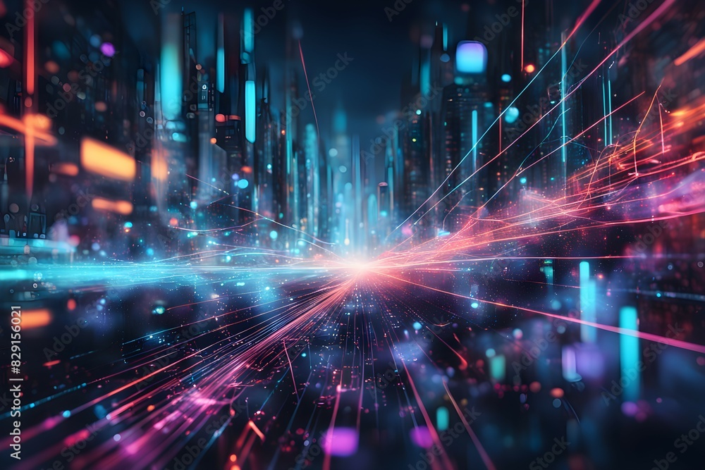 A cityscape with a bright blue line that is surrounded by a red and purple glow A cityscape with a bright blue line that is surrounded by a red and purple glow
