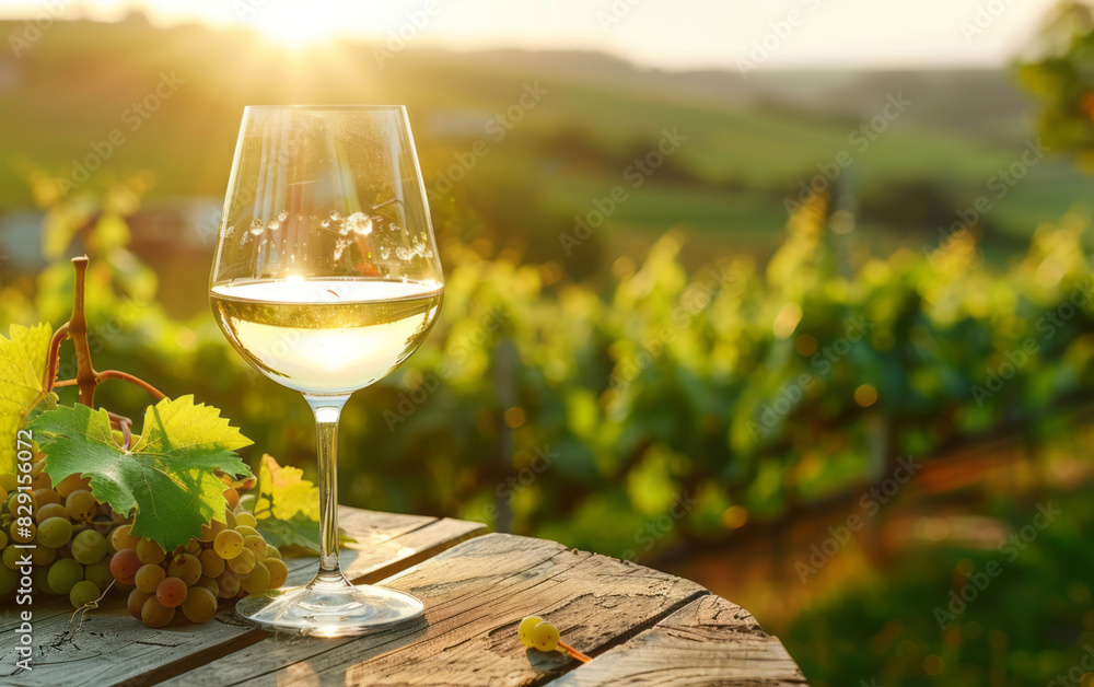 A panoramic view of the vineyard features a glass of white wine on an old wooden table, set against the backdrop of green grapevines and sunlit hills.