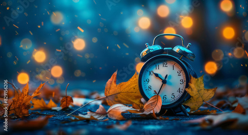 An alarm clock, adorned with autumn leaves, signifies the time to turn back your clocks, set against a dark blue background.