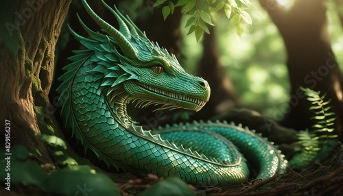A green dragon with intricate vine-like patterns on its scales, resting under a massive