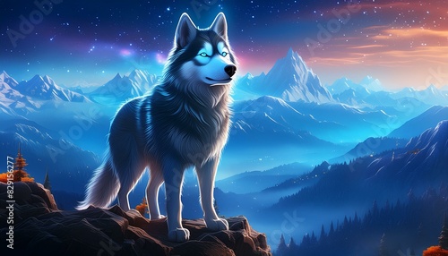 A majestic Siberian Husky with piercing blue eyes, standing on a rocky mountain ledge  photo