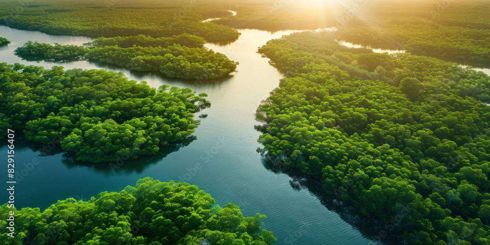 An aerial view showcases a mangrove forest with green trees, sunlight, and water, forming a beautiful landscape. An aerial view showcases a mangrove forest with green trees, sunlight, and water, forming a beautiful landscape.