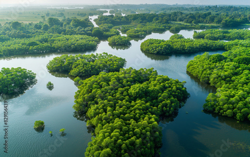 An aerial view of a mangrove forest in the foreground and a river in the background shows green trees and a natural landscape of a wetland park.