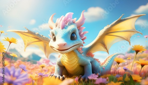  A small, chubby dragon with soft, pastel-colored scales, playing in a field of wildflowers