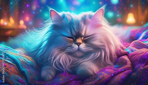 A sleepy Persian cat with a long, silky coat and expressive eyes, curled up on a quilted  photo