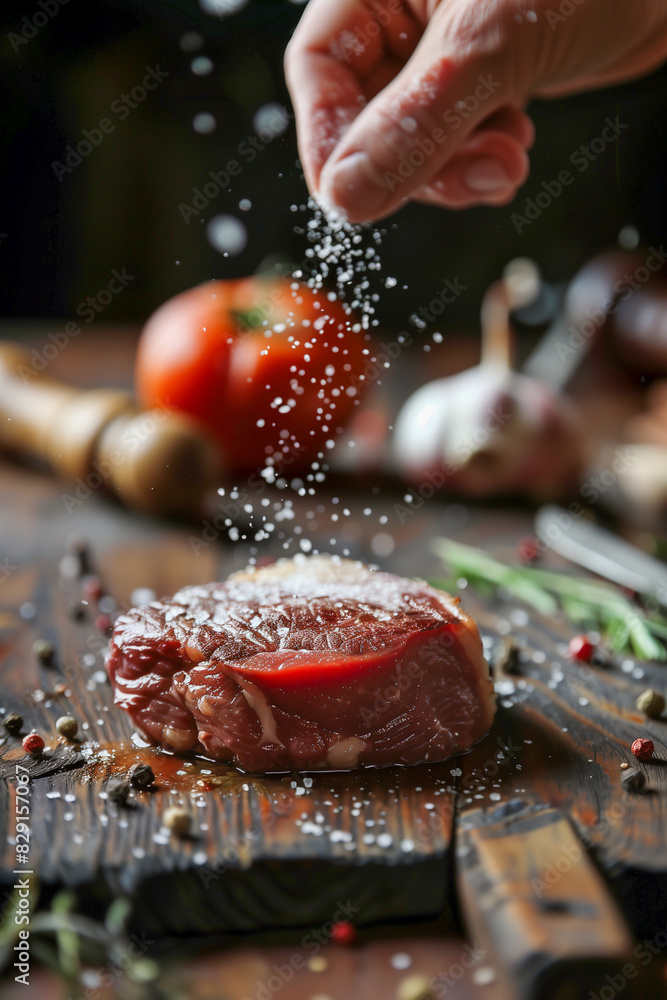 A hand sprinkling salt on a piece of meat A hand sprinkling salt on a piece of meat