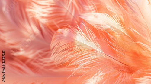 A closeup of peach-colored feathers creates an abstract background with soft textures and vibrant colors  giving the impression of feathers floating in the air.