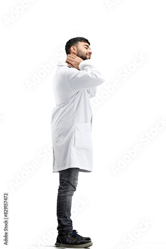 The doctor, in full height, on a white background, tired © Katsiaryna