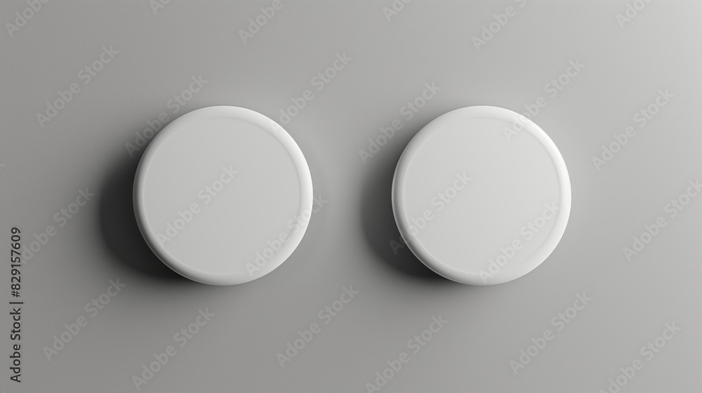 Design concept - top view of 2 white badge on grey background for mockup, it's real photo, not 3D render Design concept - top view of 2 white badge on grey background for mockup, it's real photo, not 3D render