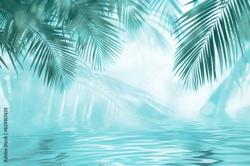 Soft, blurred palm leaves cast intricate shadows on the water's surface, creating a serene and abstract atmosphere.
