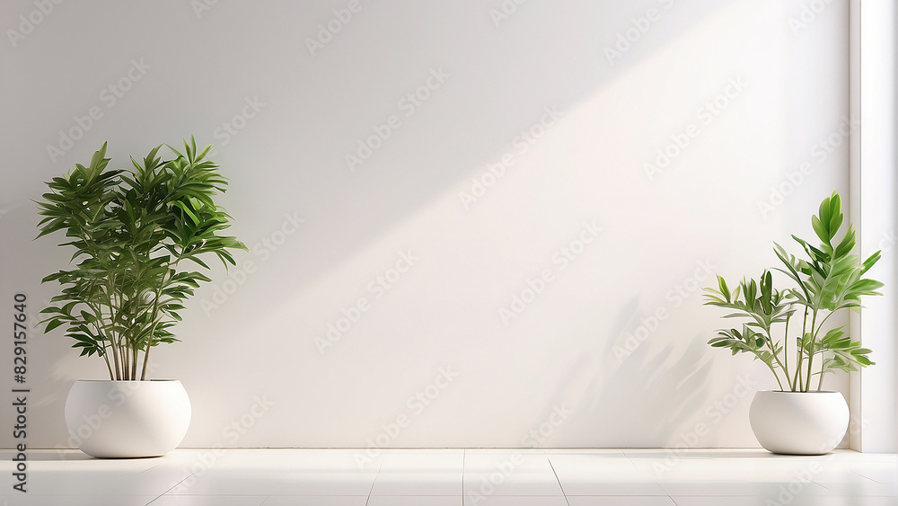 Two potted plants are placed next to each other in a white room Two potted plants are placed next to each other in a white room