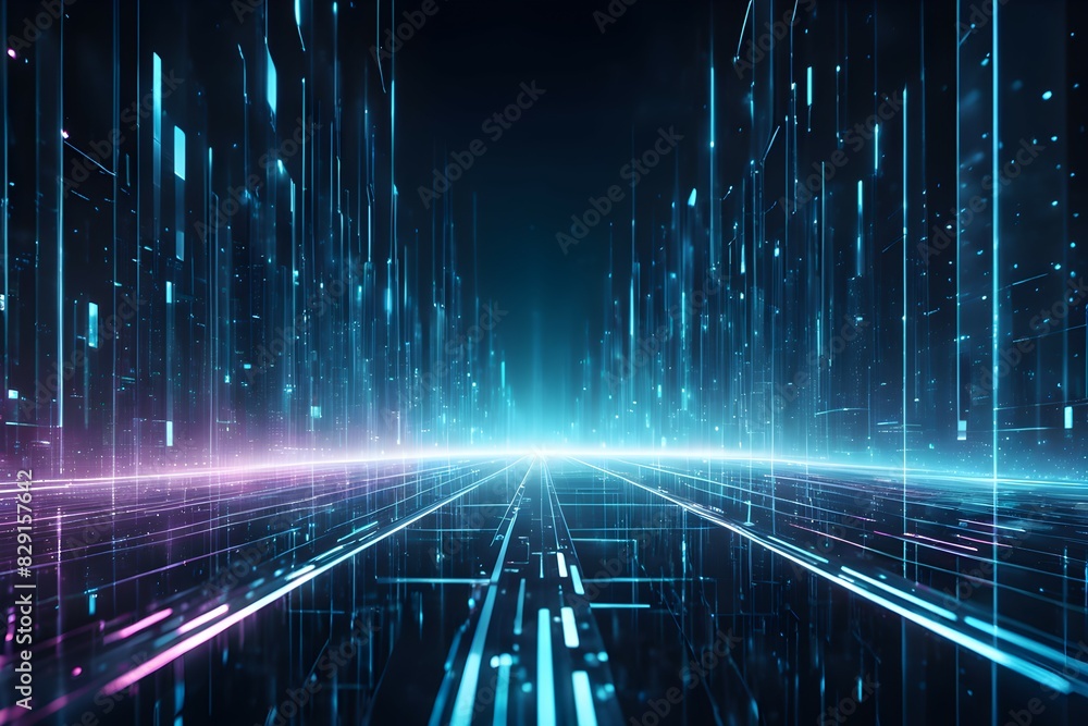 A futuristic cityscape with neon lights and a blue sky A futuristic cityscape with neon lights and a blue sky