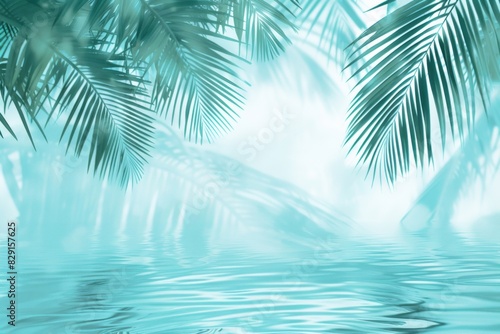 Soft  blurred palm leaves cast intricate shadows on the water s surface  creating a serene and abstract atmosphere.