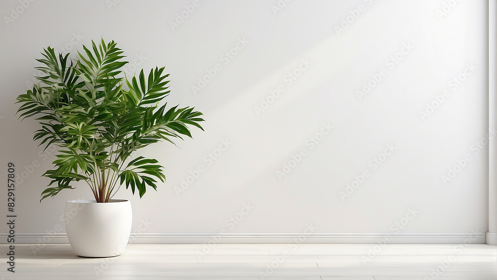 A white wall with a potted plant in the center A white wall with a potted plant in the center