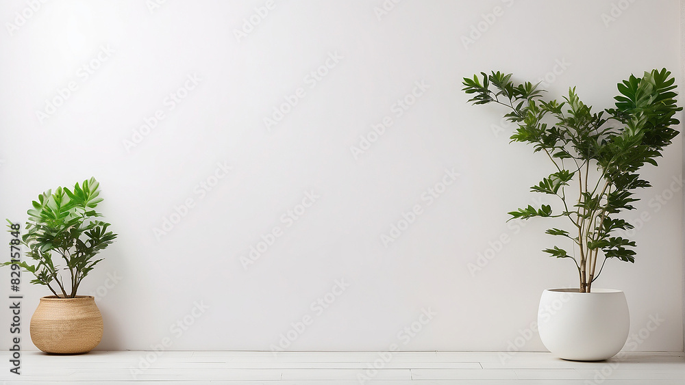 A white wall with two potted plants on it A white wall with two potted plants on it