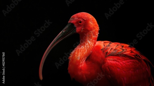 A red bird with a long beak is standing on a black background