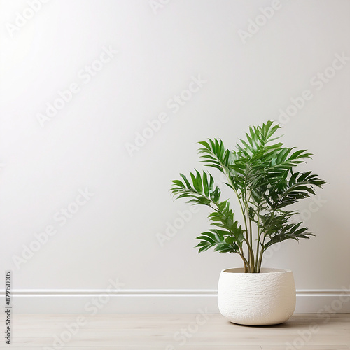 A white plant in a white pot sits on a wooden floor
