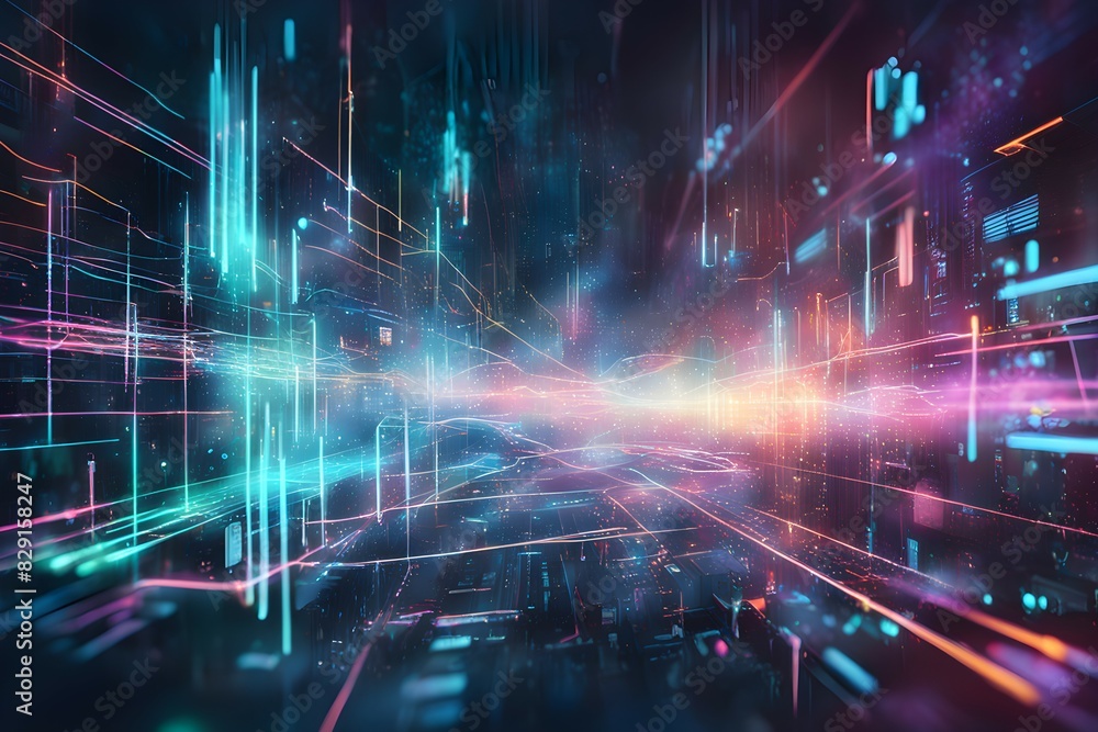 A colorful, abstract cityscape with many lines and shapes A colorful, abstract cityscape with many lines and shapes