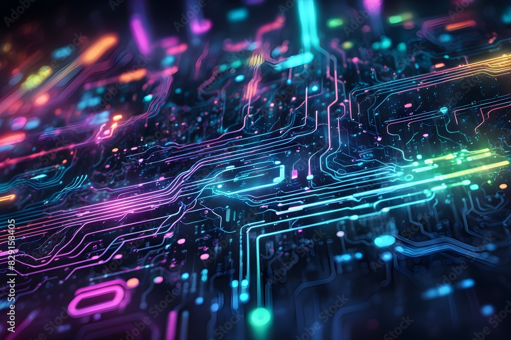 Obraz premium A colorful image of a circuit board with many different colored lines and dots