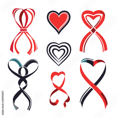 Collection stylized hearts awareness ribbons red black. Graphic design elements health campaigns love concepts. Isolated white background, flat vector icons depicting hearts ribbons