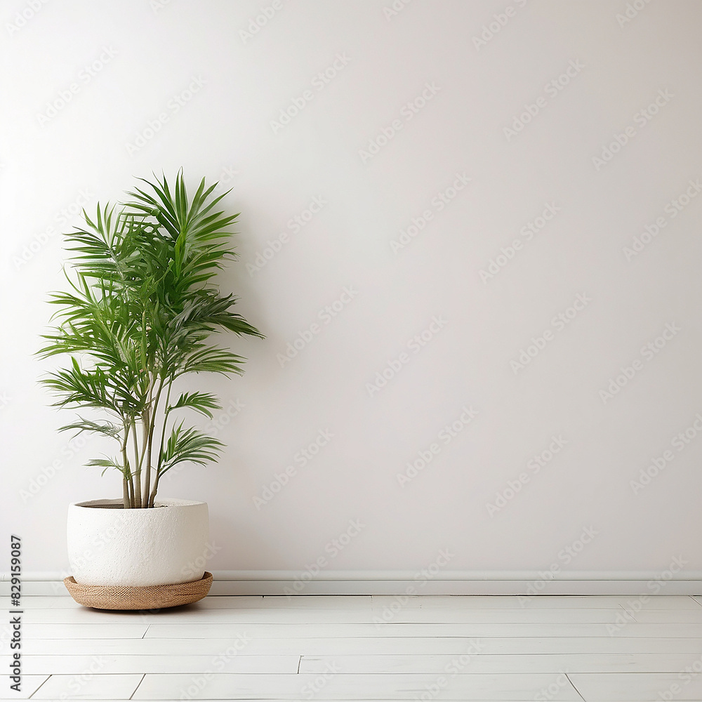 A tall palm tree is sitting in a white ceramic pot on a wooden floor