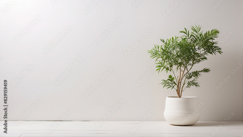 Fototapeta premium A white plant in a white pot sits on a wooden table