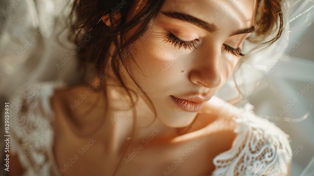 Elegant Bride with Exquisite Makeup and Hairstyle Admiring Bouquet in White Lace Dress and Veil, Soft Window Light Background, Closeup Classic Wedding Portrait Elegant Bride with Exquisite Makeup and Hairstyle Admiring Bouquet in White Lace Dress and Veil, Soft Window Light Background, Closeup Classic Wedding Portrait