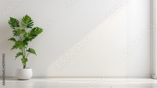 A white wall with a potted plant in the corner