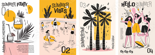 Collection of minimal summer poster cover designs. Summer vacation background