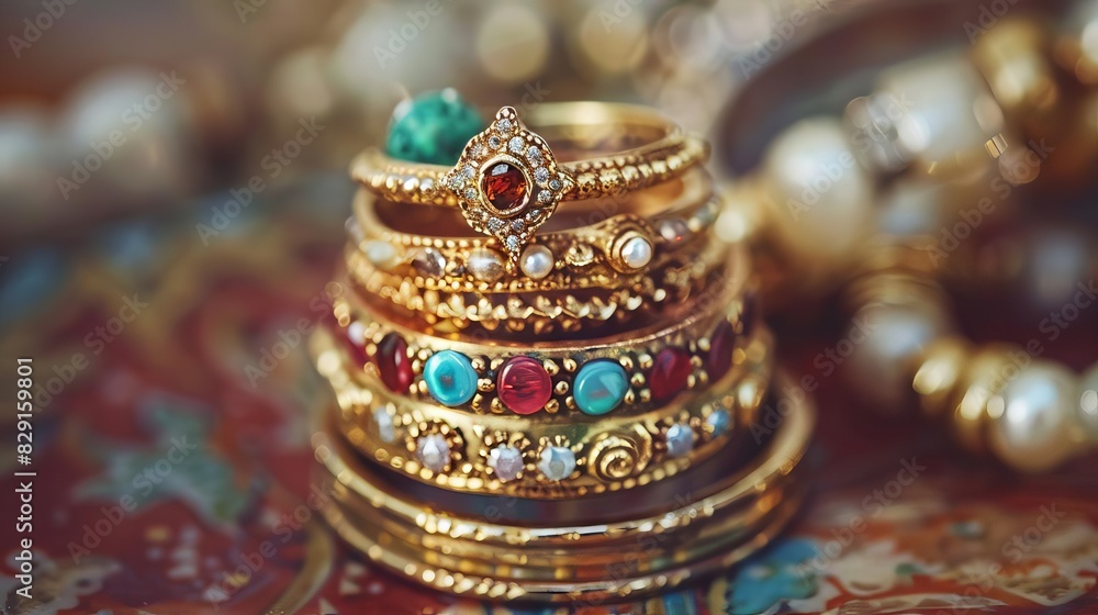 bohemianinspired stack of colorful rings with intricate designs fashion accessory still life jewelry photography bohemianinspired stack of colorful rings with intricate designs fashion accessory still life jewelry photography