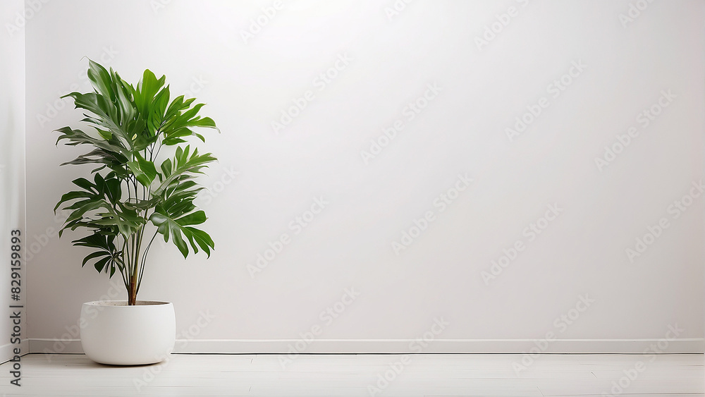 A large plant is sitting in a white pot on a white floor