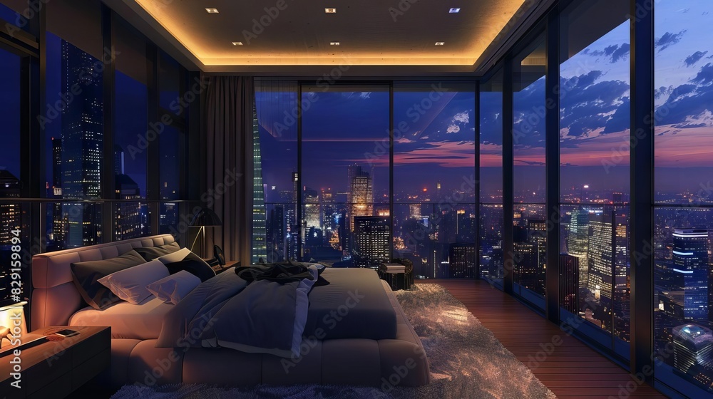 breathtaking city skyline view from luxurious penthouse bedroom at ...