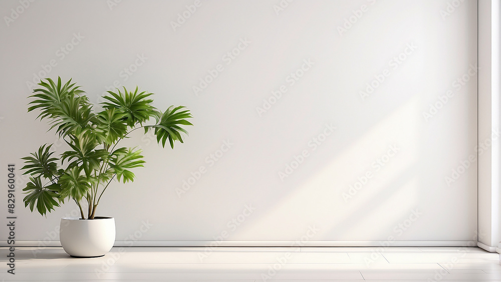 A white wall with a potted plant in the center