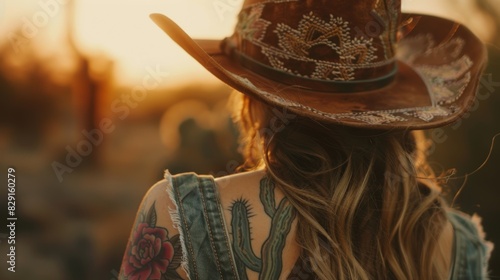 A woman sporting a cowboy hat reveals a sleeve tattoo of a desert sunset complete with cacti and a silhouette of a cowboy riding into the horizon.