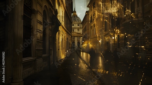 Moonlit cobblestone alley winds through ancient Italian town, casting shadows on the worn stone buildings
