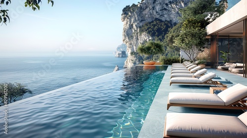 Stunning Infinity Pool Overlooking the Sea, with Sunbeds and Terrace, Hyper Realistic High Resolution Photography with Cinematic Color Grading