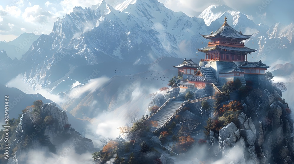Majestic Mountain Top Temple Amid Dramatic Cloudy Landscape Majestic Mountain Top Temple Amid Dramatic Cloudy Landscape