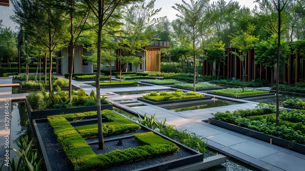 Meticulously Designed Garden Oasis with Lush Greenery and Calming Water Features Meticulously Designed Garden Oasis with Lush Greenery and Calming Water Features