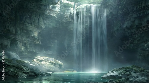 Mystical Waterfall in Secluded Cave Captivating Natural Landscape with Ethereal Lighting
