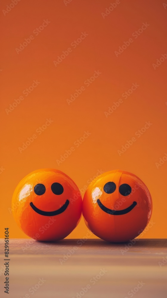 Two couple orange with smiley faces on a desk. International Friendship Day Concept. Two couple orange with smiley faces on a desk. International Friendship Day Concept.