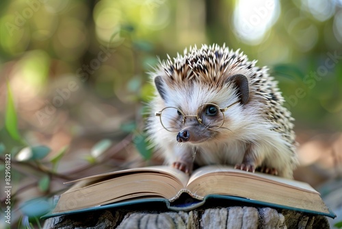 Cute hedgehog with glassess reading a book photo