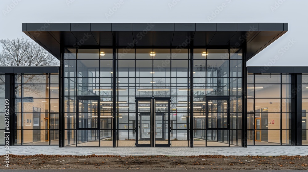 A modern glass and steel building with a contemporary design, showcasing extensive use of glass panels and clean lines, highlighting both functional and aesthetic elements in urban architecture