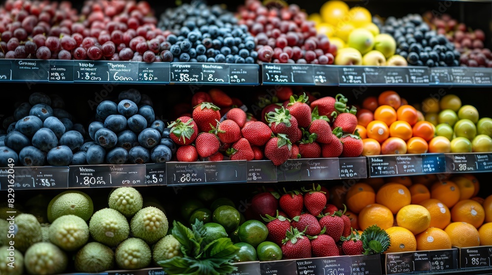 A colorful and vibrant display of various fresh fruits including strawberries, grapes, blueberries, and citrus fruits arranged neatly on market shelves A colorful and vibrant display of various fresh fruits including strawberries, grapes, blueberries, and citrus fruits arranged neatly on market shelves